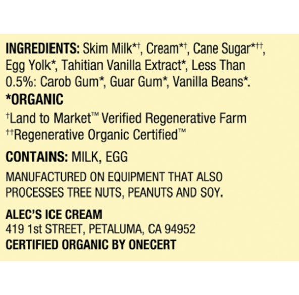 Alec's Ice Cream Tahitian Vanilla Bean Organic A2 Ice Cream