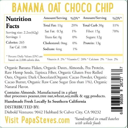 Banana Oat Chocolate Chip No Junk Raw Protein Bar
